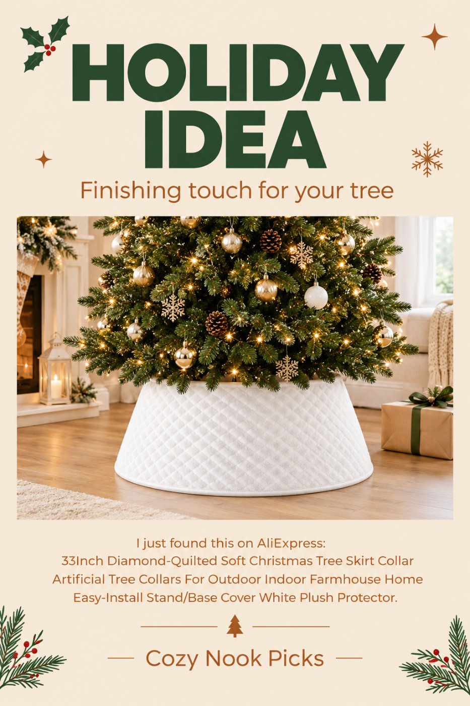 33-Inch White Quilted Christmas Tree Collar – Soft Plush Farmhouse Tree Base Cover