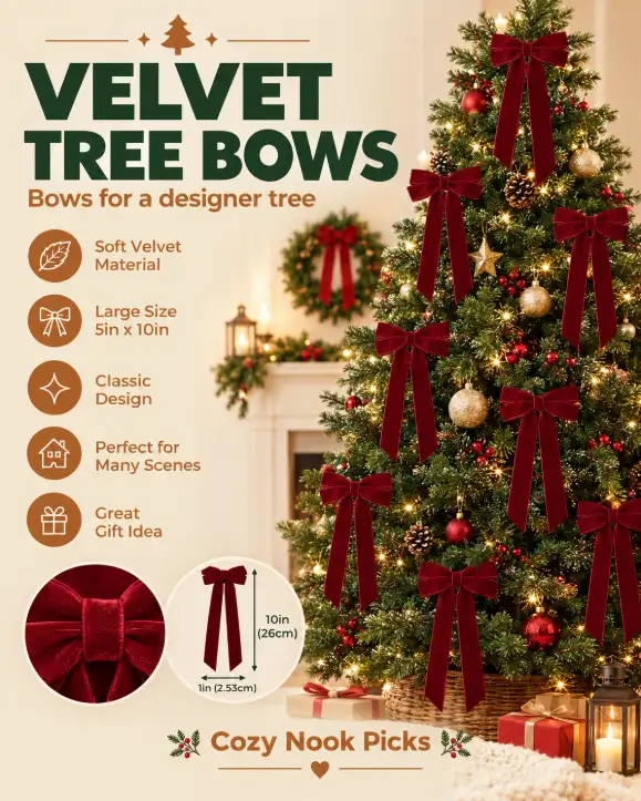 12-Piece Burgundy Velvet Christmas Tree Bows for Elegant Holiday Decor