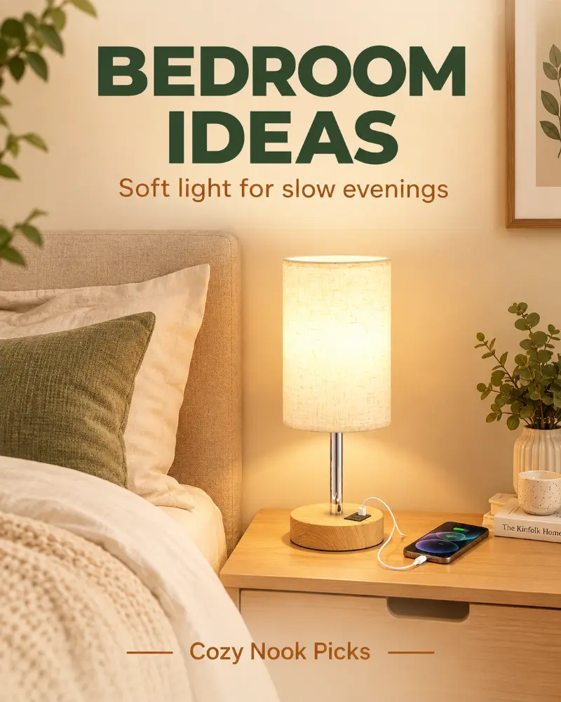 Dimmable Table Lamp – Dicoool 14" Touch Bedside Lamp with USB A+C, LED Bulb, Cream Shade & Wood-Grain Base