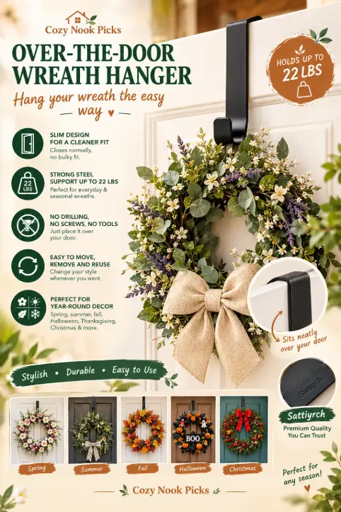 Sattiyrch 15" Wreath Hanger for Front Door, Over the Door Wreath Hook, Black