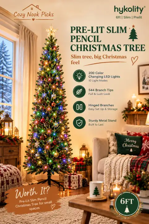 Hykolity 6ft Prelit Pencil Slim Christmas Tree with 200 Color Changing LED Lights