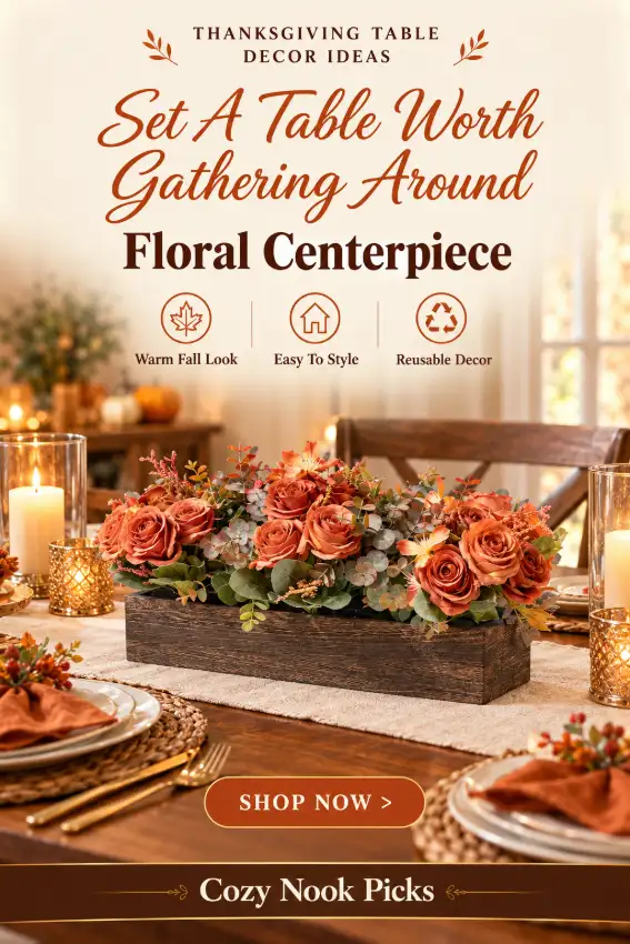 Artificial Fall Flowers in Wooden Box – Orange Peony & Eucalyptus Thanksgiving Table Centerpiece, Rustic Farmhouse Floral Arrangement for Dining Table, Kitchen, Living Room & Autumn Decor