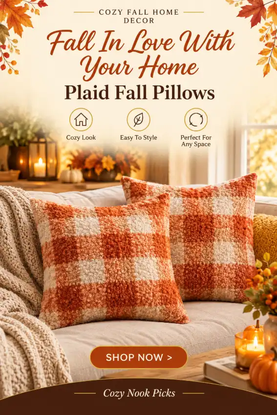 Orange Plaid Fall Throw Pillow Covers Set of 2, 18x18 Inch Boucle Decorative Cushion Covers, Cozy Autumn Farmhouse Sofa & Bed Decor