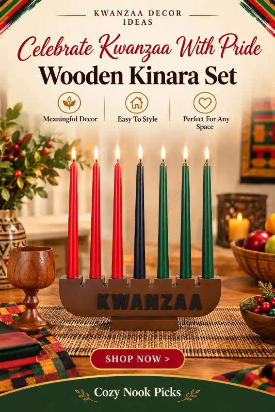 DERTE Kwanzaa Kinara Candle Set with 7 Red, Black & Green Candles, Wooden Candle Holder, Unity Cup & Bamboo Table Mat